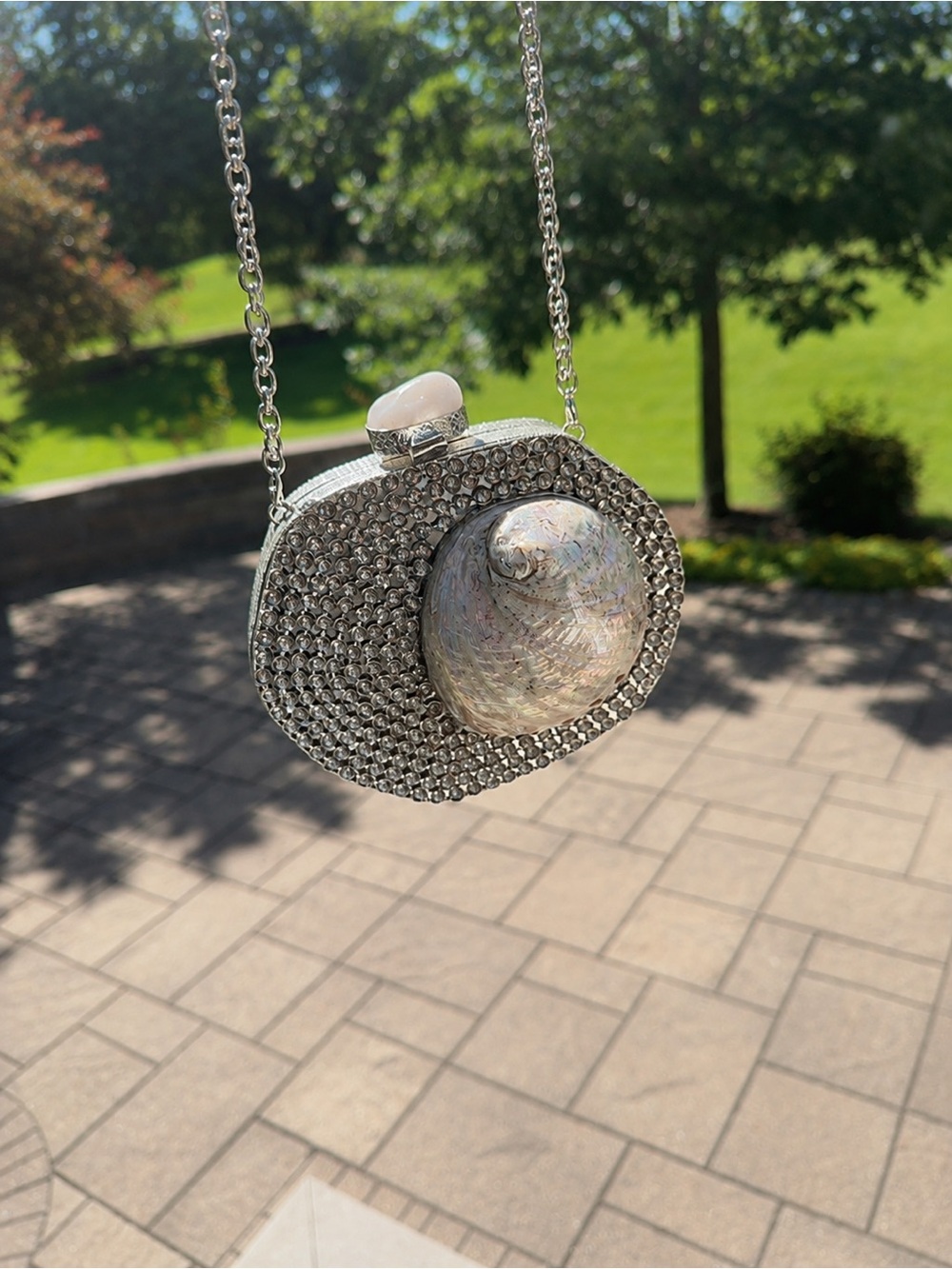 New sea shell clutch purse, pearl shell evening bag, silver statement bag